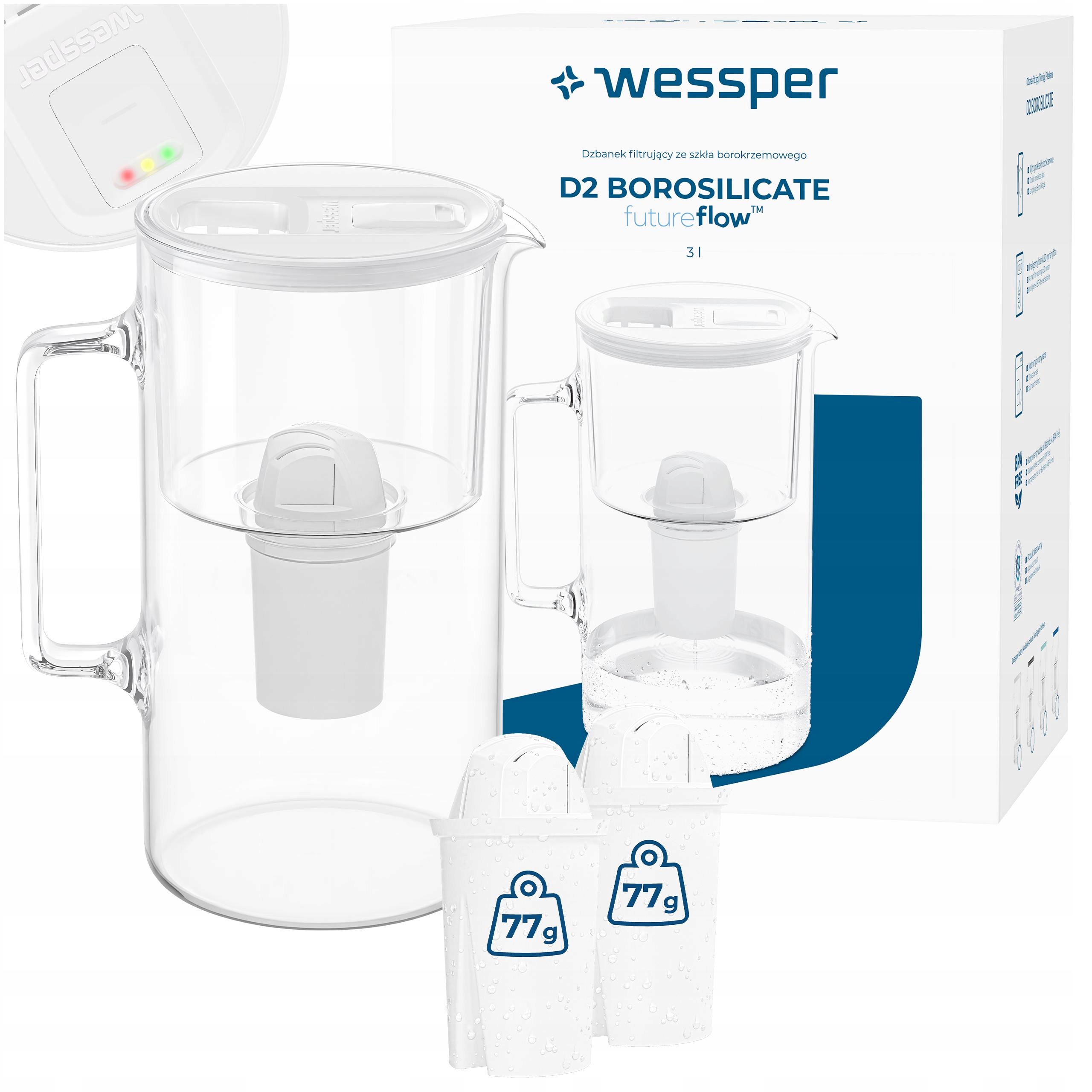 Skleněná filtrační konvice Wessper D2 Borosilicate futureflow 3 l 3x filtr