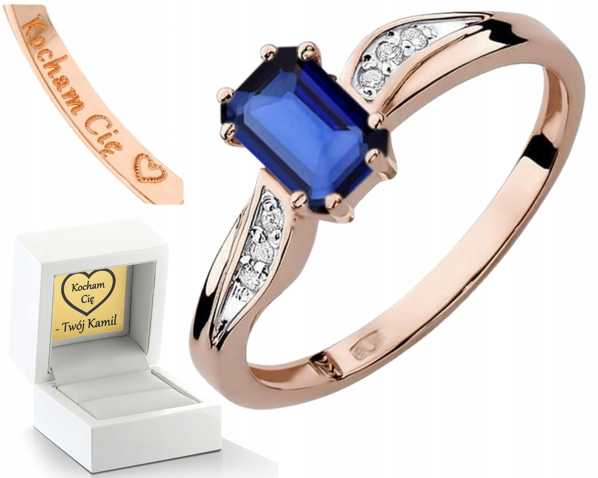 Růžový Zlatý Prstýnek Se Safírem A Diamanty Ryzost 585 14K Jako Dárek