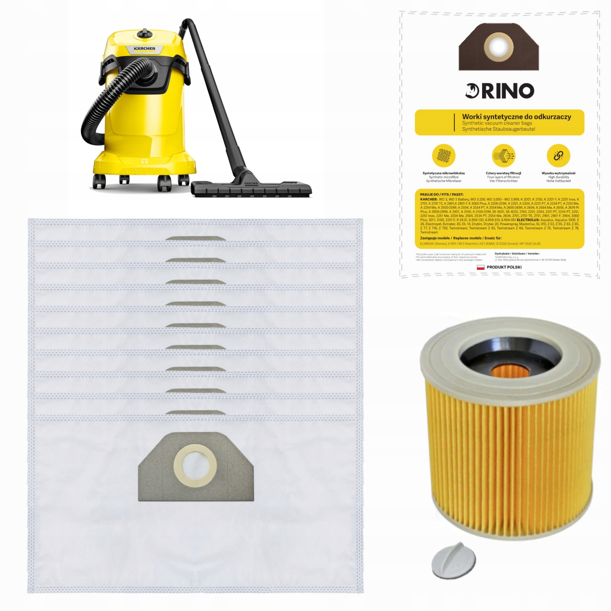 10x WORKI DO ODKURZACZA Karcher WD3 Rino WPRD2 SYNTETYCZNE +FILTR POWIETRZA