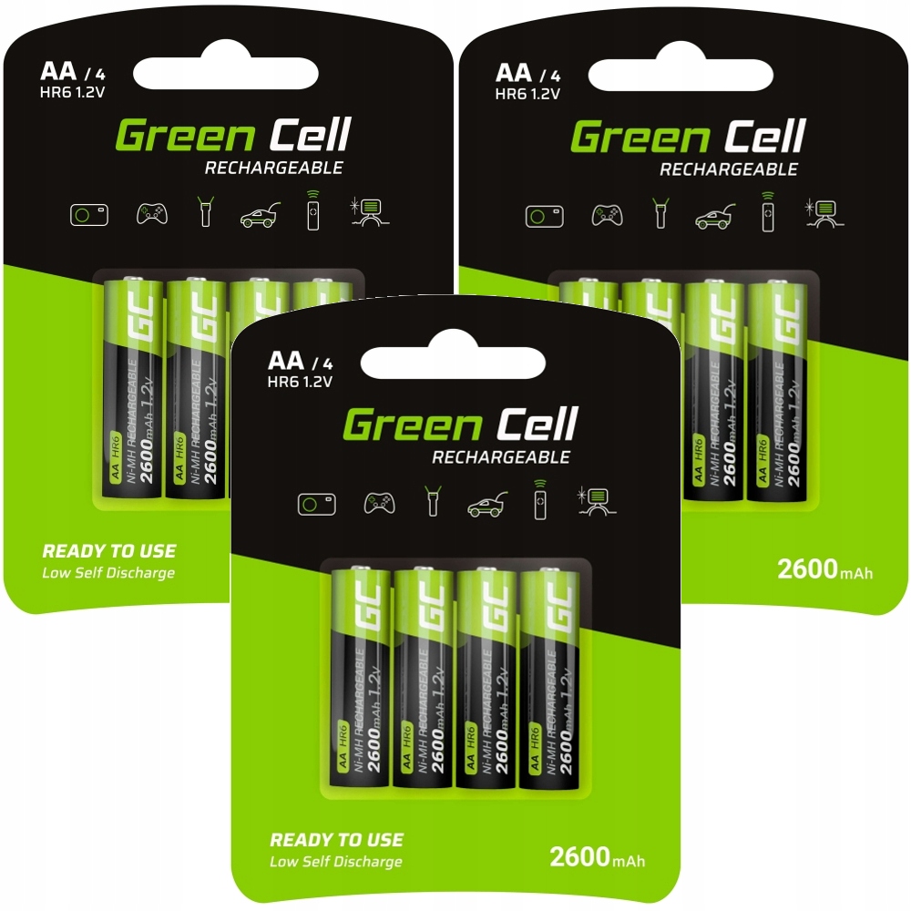 12x Piles AA R6 2600mAh Ni-MH Batteries rechargeables Green Cell - Green  Cell