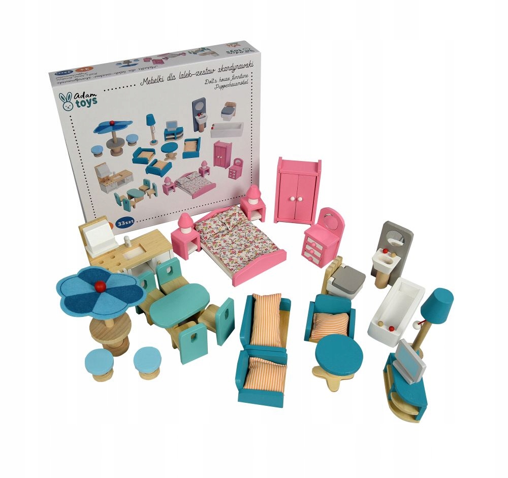 DREWNIANE MEBELKI DO DOMKU DLA LALEK DUŻY ZESTAW