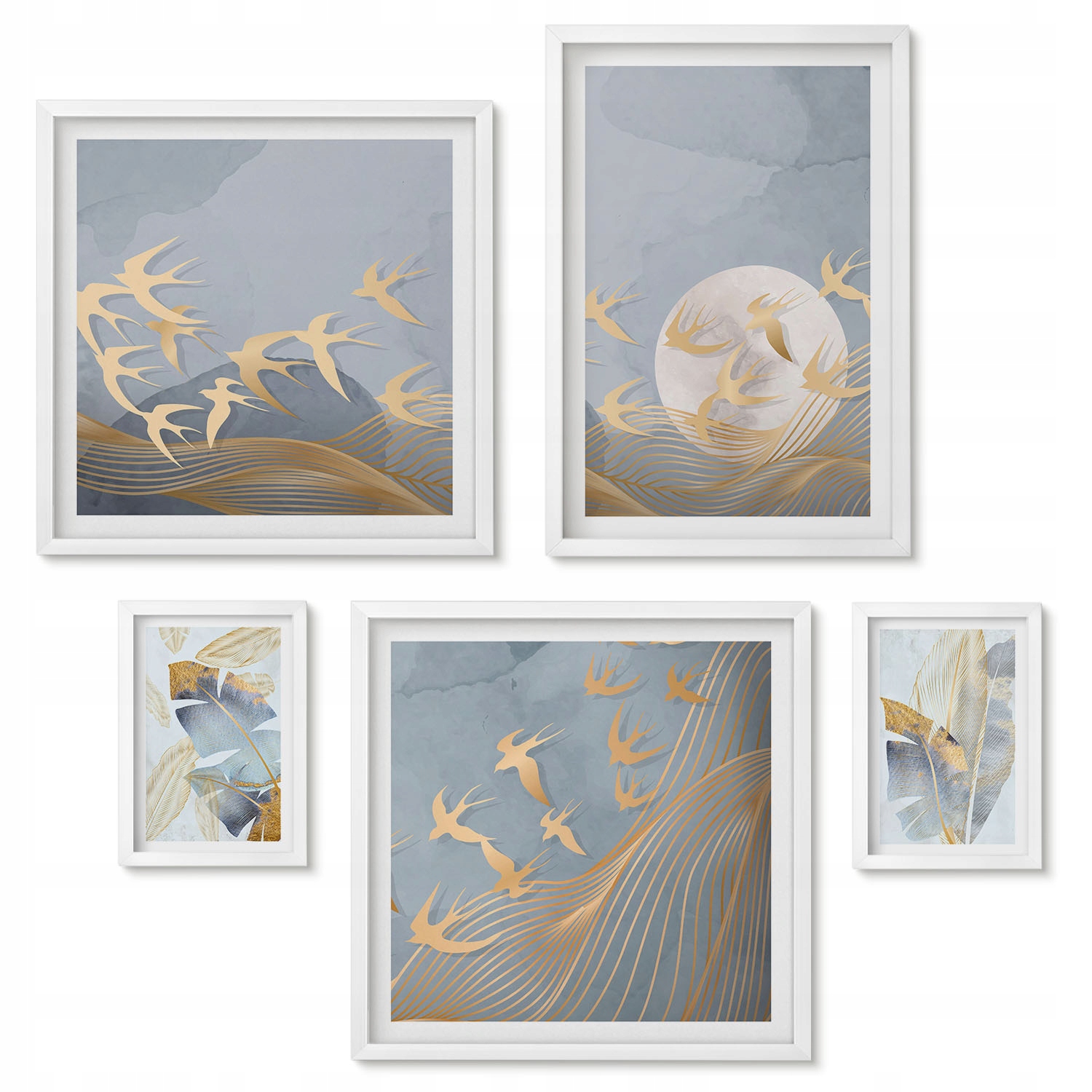 Sada obrazů v rámu 50x50 20x30 40x60 Stylové listy šedé ptáci
