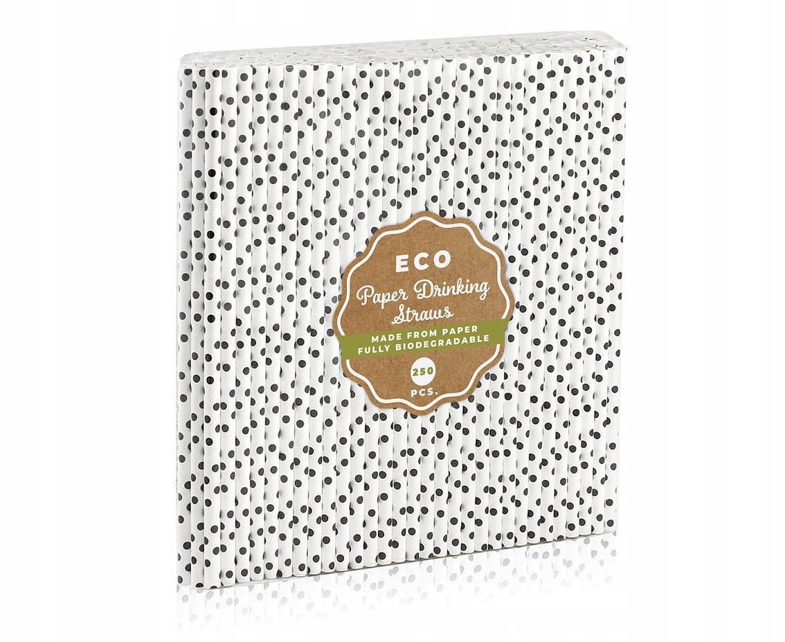 Słomki Białe w Czarne Groszki Papierowe 250 szt. Średnica 6 mm