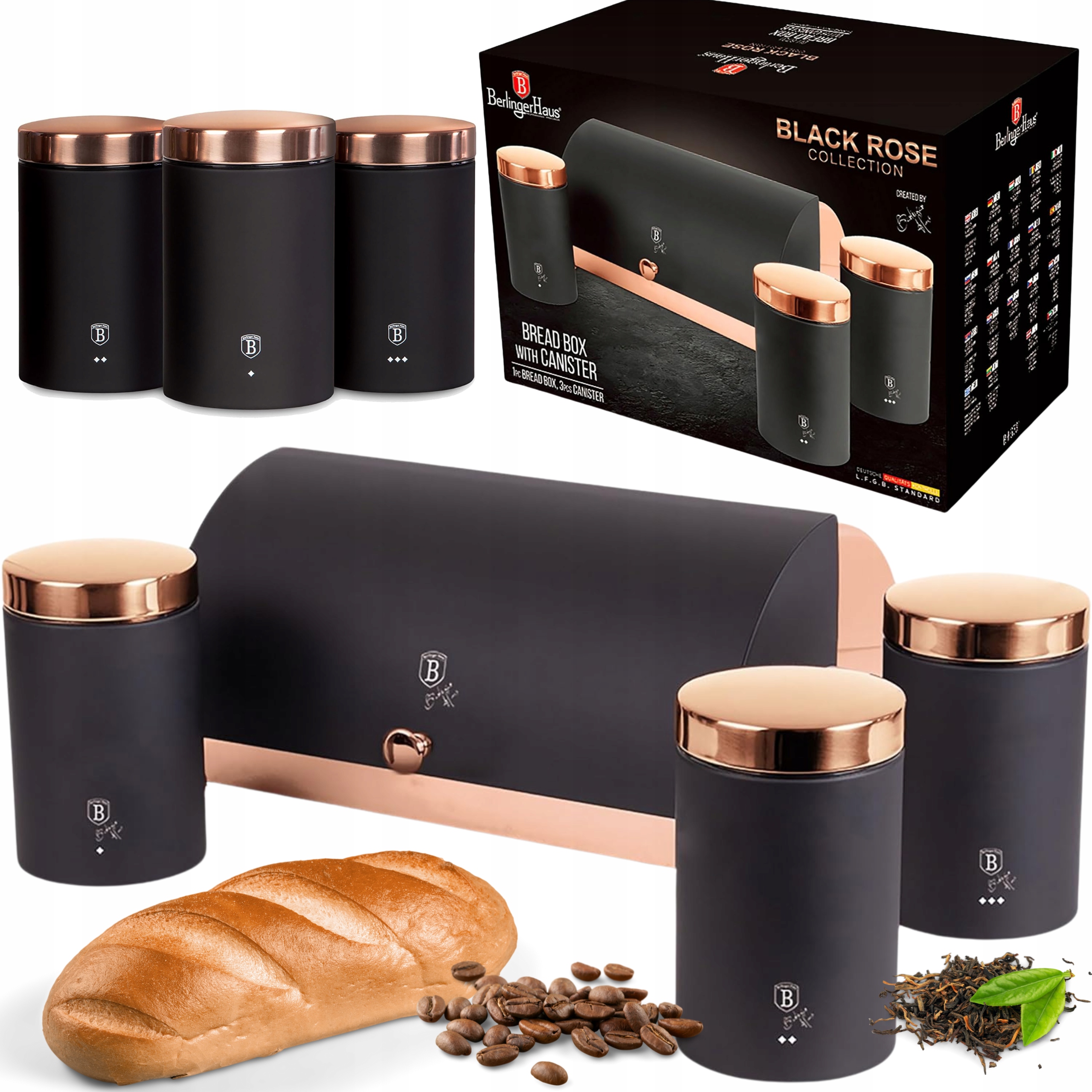ZESTAW CHLEBAK METALOWY + POJEMNIKI KAWA HERBATA BERLINGER HAUS BLACK ROSE