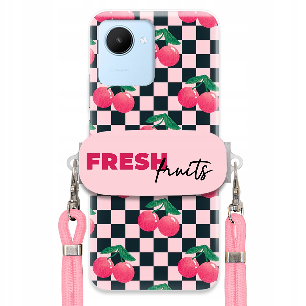 Puzdro pre Realme C30 Vodítko Pink Crossbody Držiak Šachovnica Fresh Fruits