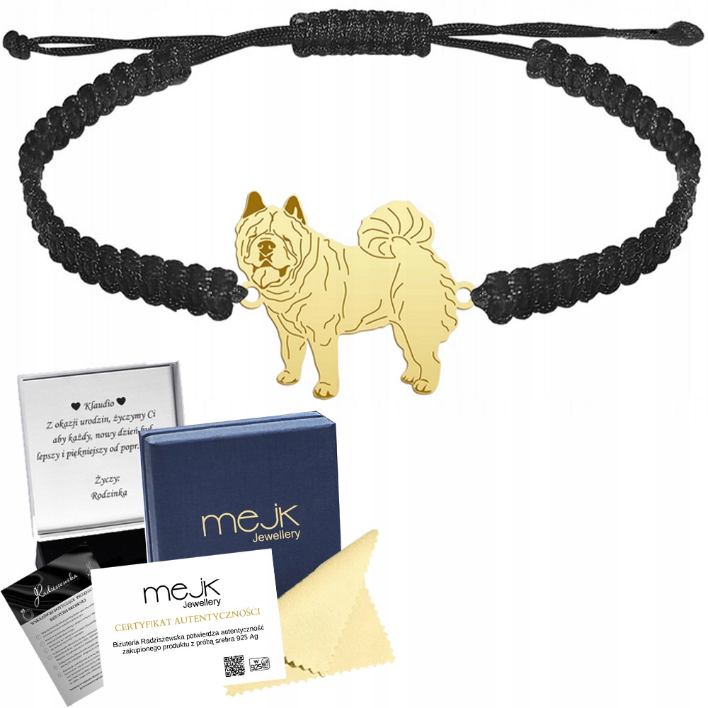 Zlatý náramek s psem Chow chow Soft 925 Makramé Dárek Gravírování Bonus