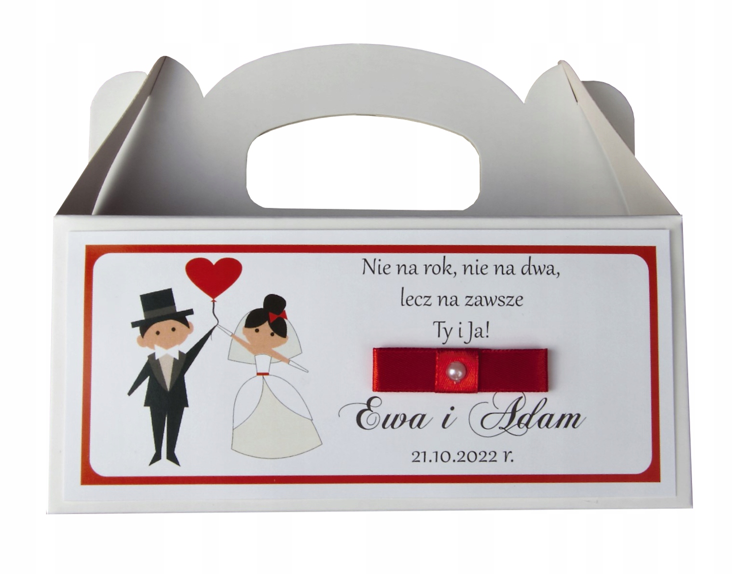 

czerwone pudełka na ciasto z imonami Pary Młodej