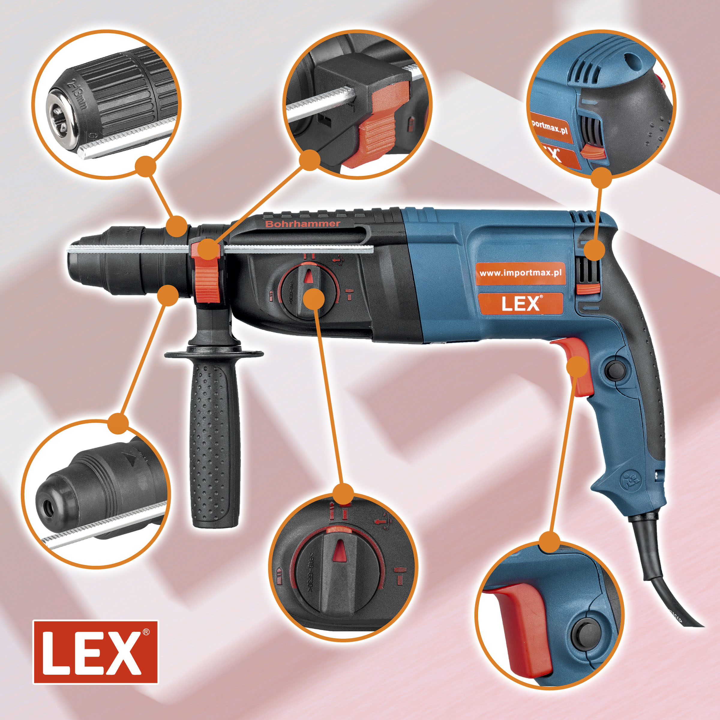MŁOTOWIERTARKA WIERTARKA Z UDAREM MŁOT UDAROWY ZESTAW SDS + PLUS MOCNA Maksymalna moc 2500 W