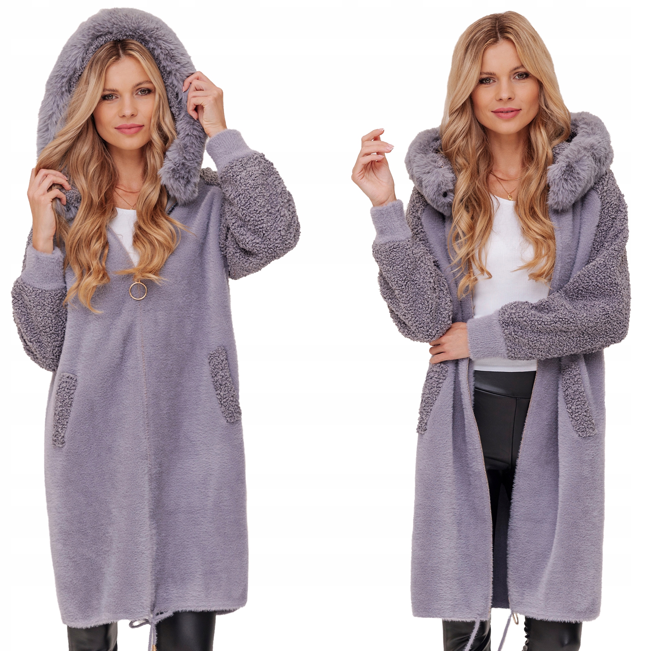 Dlouhá Teplá Alpaka S Beránkem, Kabát S Vlnou, Teplý, S Kapucí, Šedá