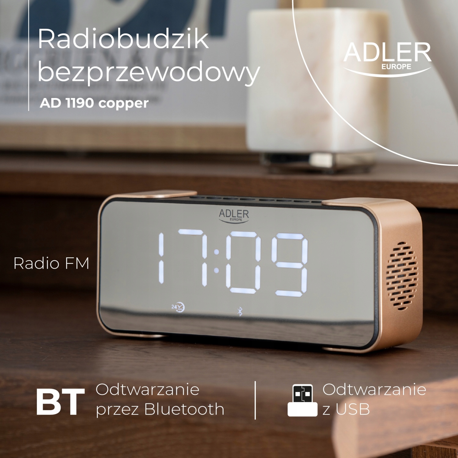 Radiobudzik AD 1190 Copper Bluetooth 5.0 FM USB SD AUX