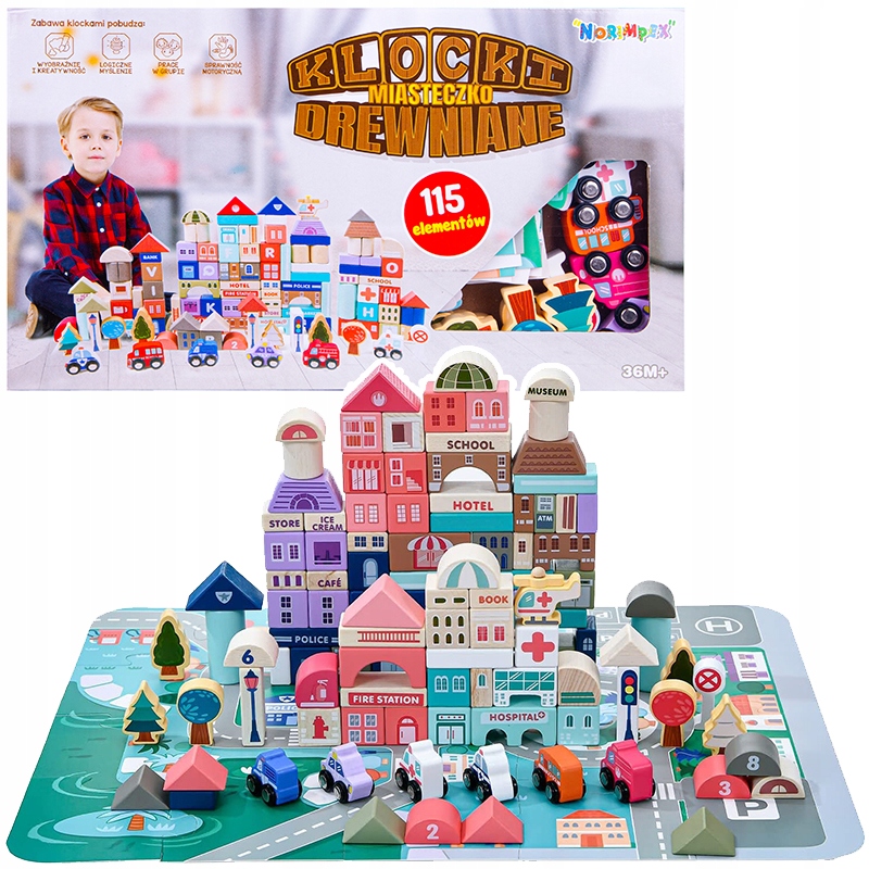 KLOCKI DREWNIANE MIASTECZKO EDUKACYJNE 115 ELEMENT