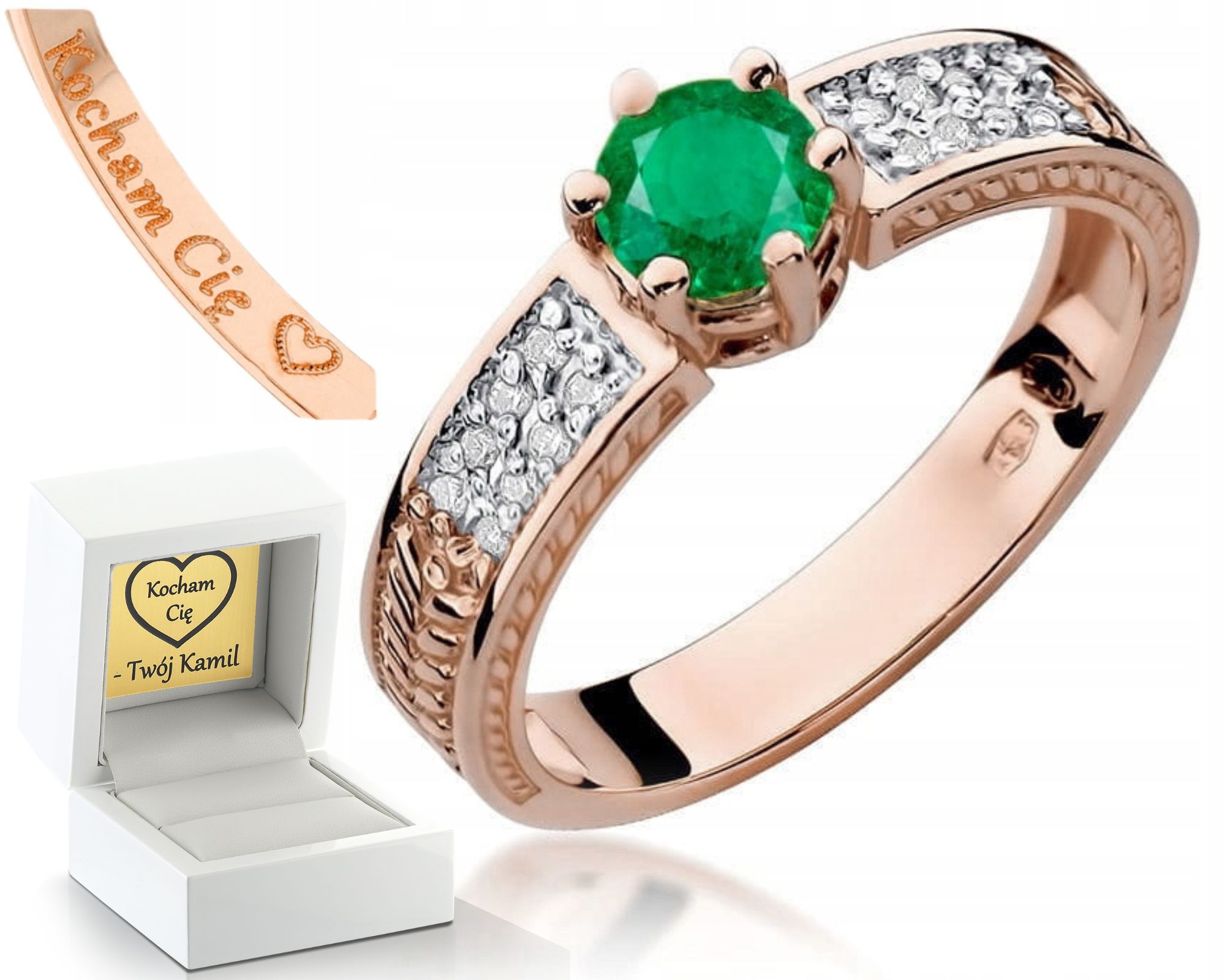 Smaragd Zlatý Prstýnek Prstenn S Bonus A Diamanty Gravírování Gravírování Zdarma