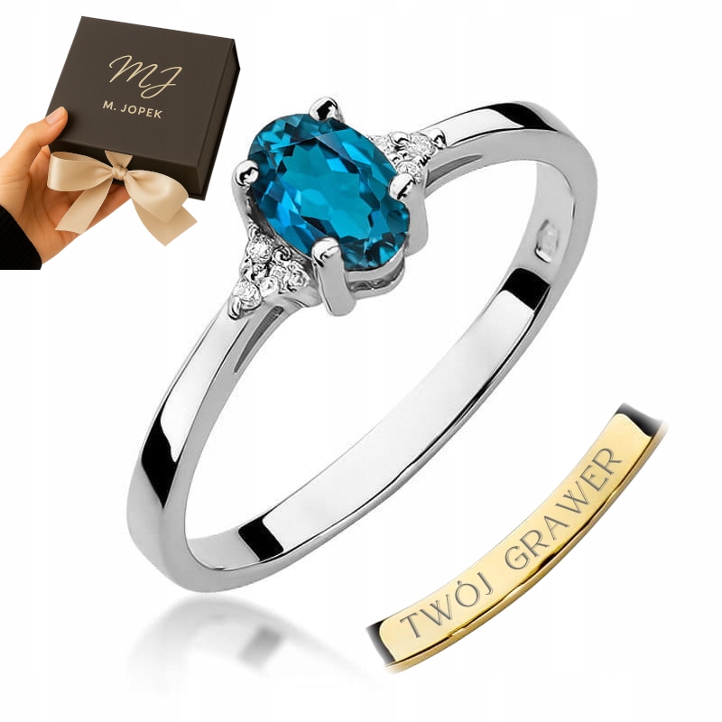 Prstýnek Bílé Zlato 585 S Topazem London Blue 0,50 ct S Diamanty Gravírování