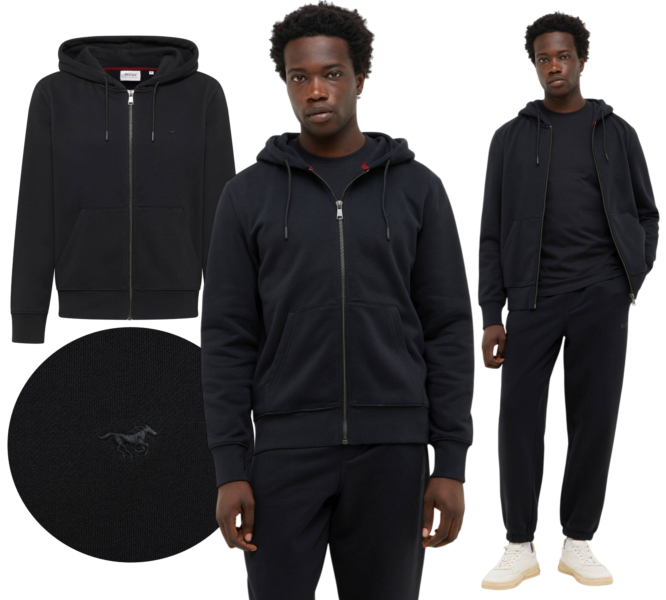 Pánská černá pánská mikina s kapucí Mustang , bavlna, zip, Brighton, vel. XXL