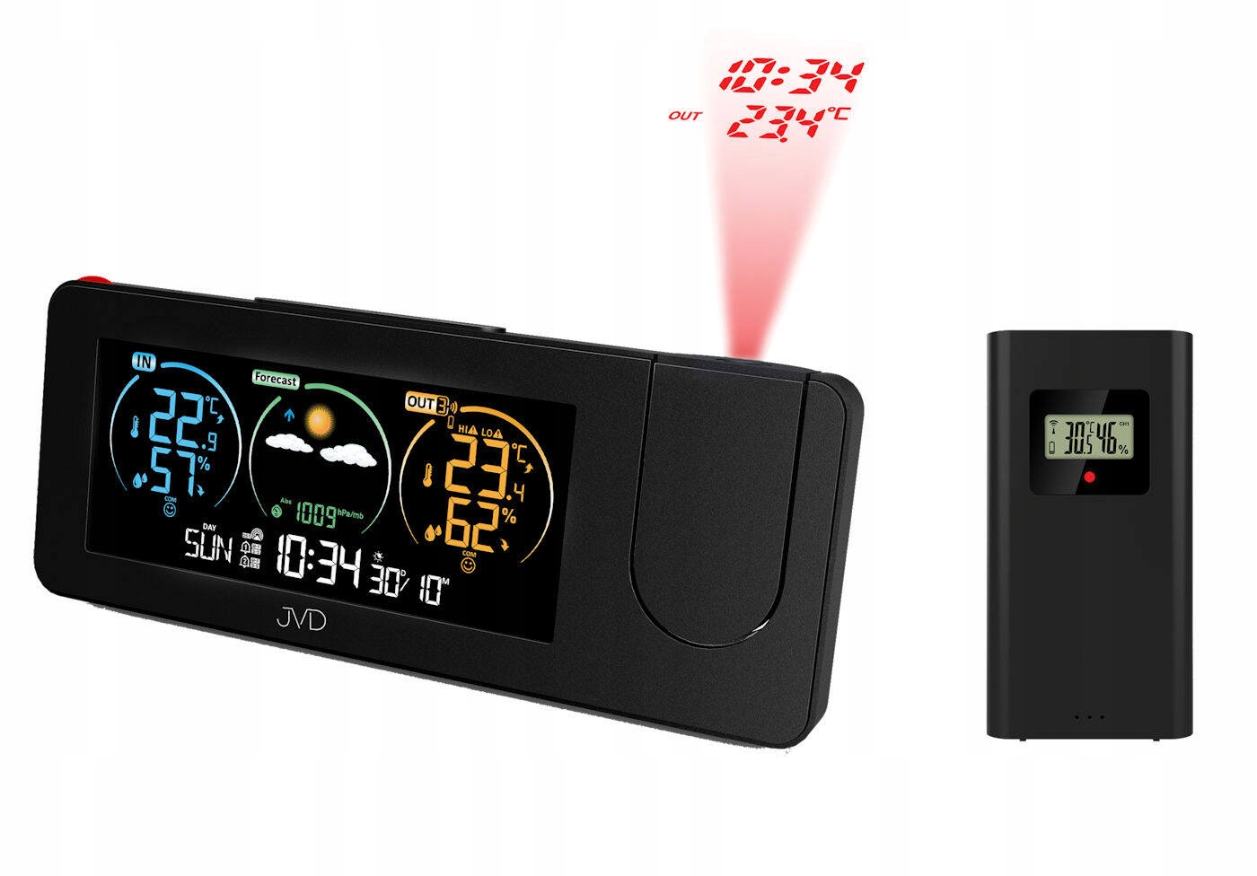 Meteorologická Stanice S Projektorem Jvd RB3538.1 2 Alarmy Sonda Barometr Komfort