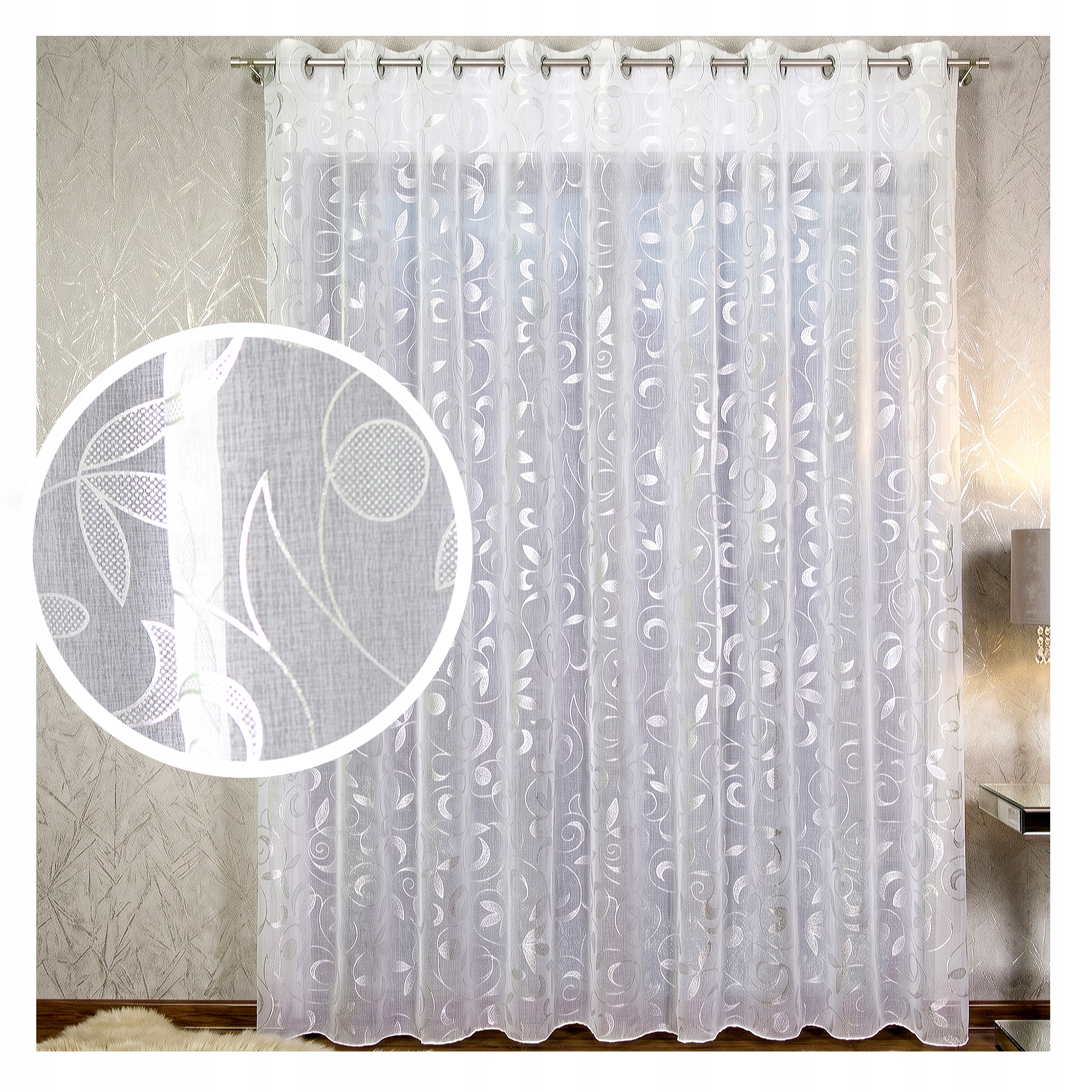 Záclona Etamin glamour stříbrný potisk s olověnkou Kolečka 700x190 cm Valeria