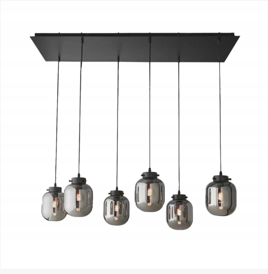 Závesná stropná lampa do obývačky a jedálne 6 sklenených tienidiel čierna