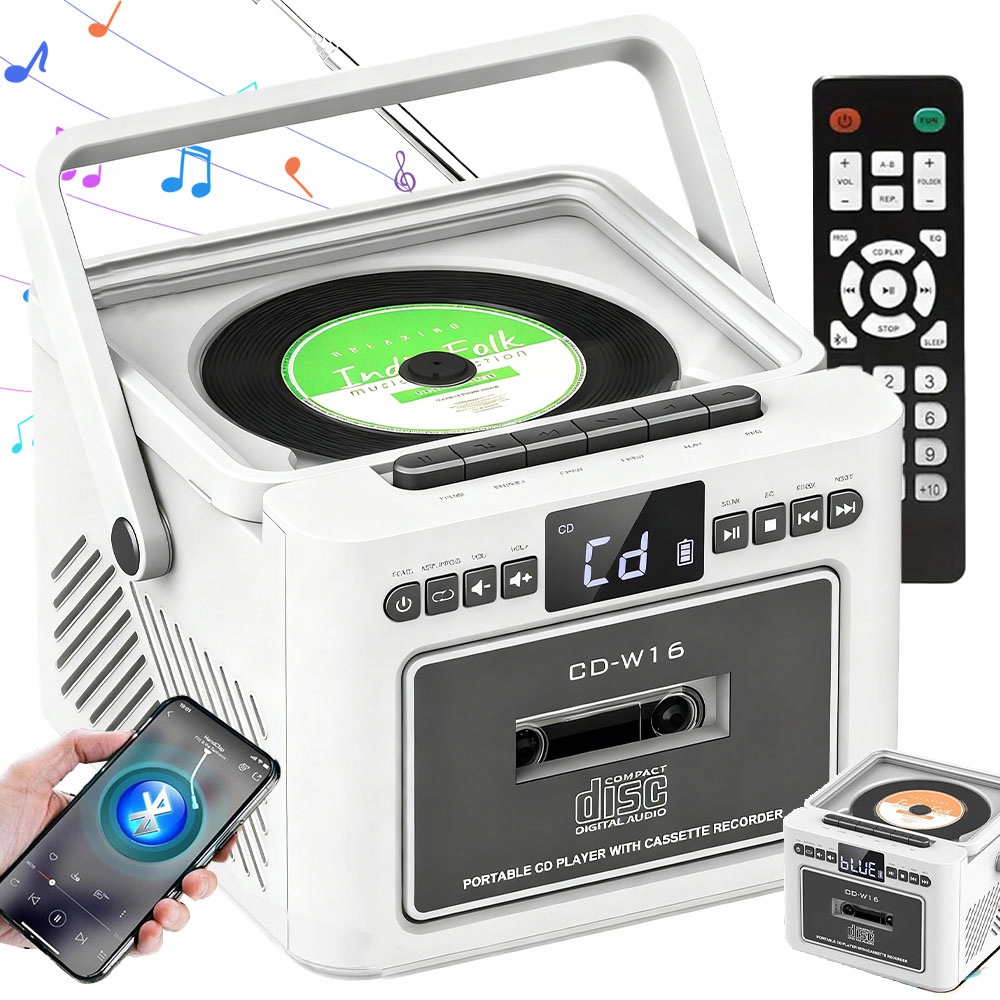 3V1 CD Přehrávač Kazetový Magnetofon Bluetooth Reproduktor Bílý 5000MAH Dálkové Ovládání