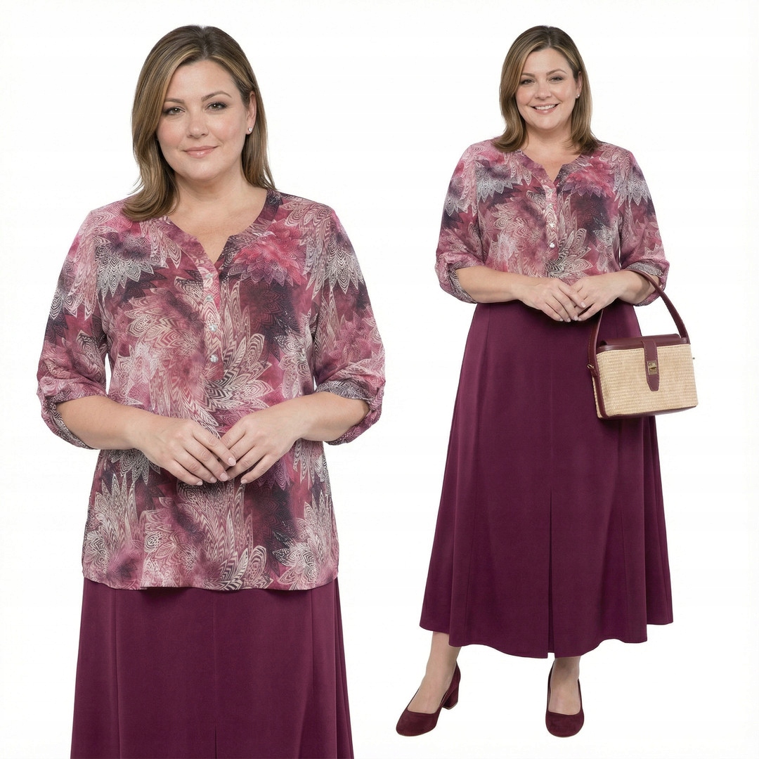 Růžovo-bordó halenka s bílými vzory a velikostí, velikost 56