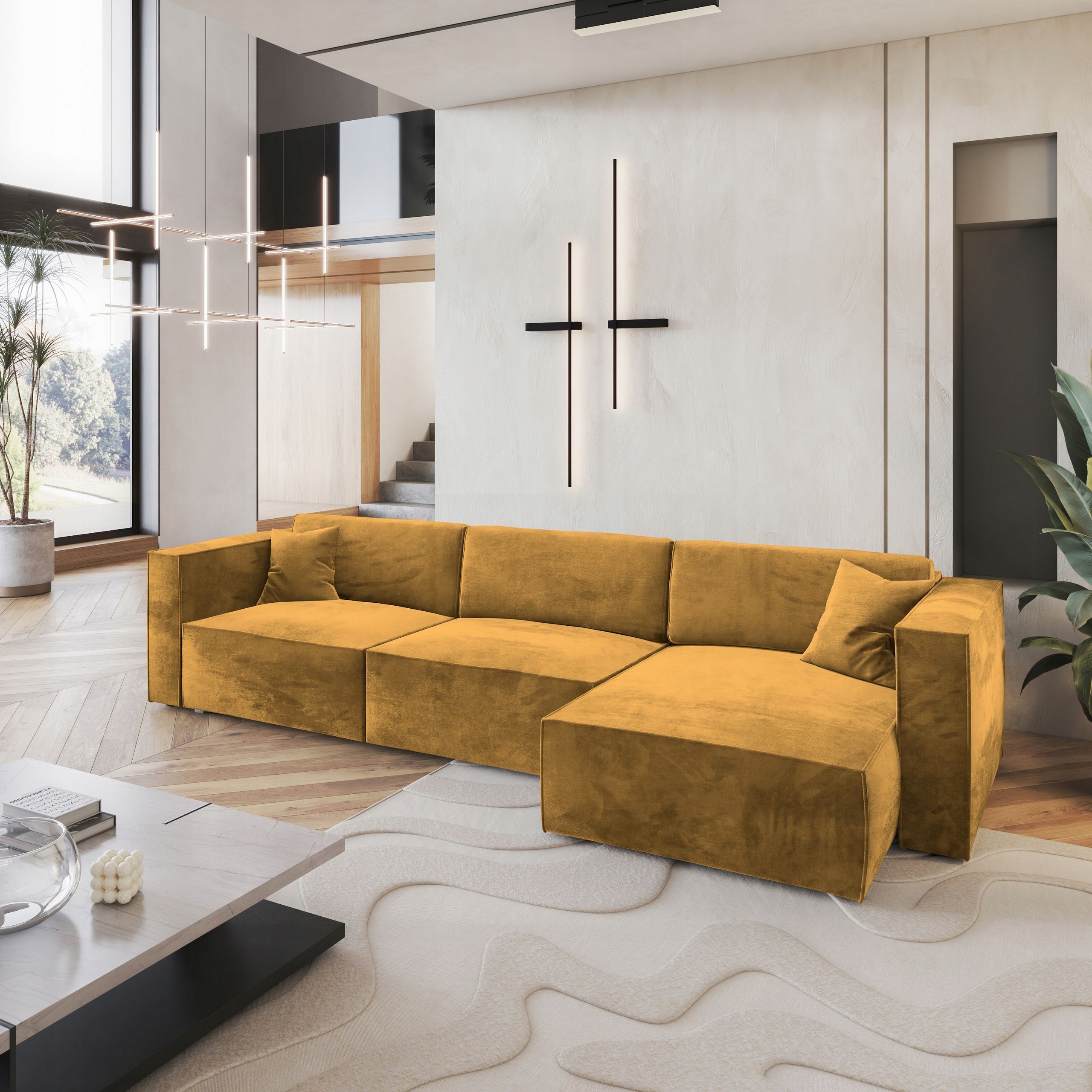 Rohová Sedací Souprava Tolmo Funkce Spania Glamour Velur Žlutá