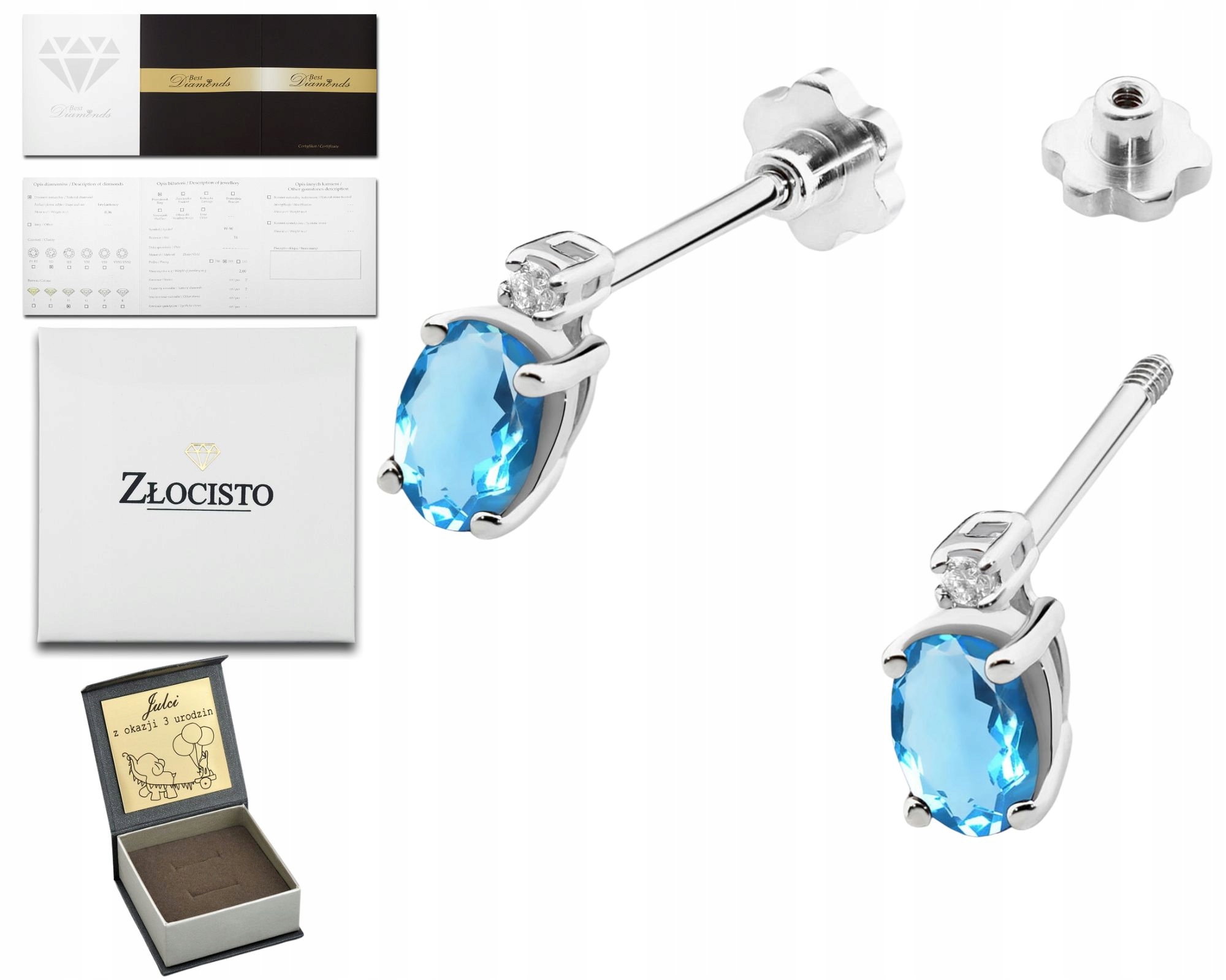 Bílé Zlato Náušnice S Topazem Šroubovací Tyčinka Brilianty Dárek Zlato 585