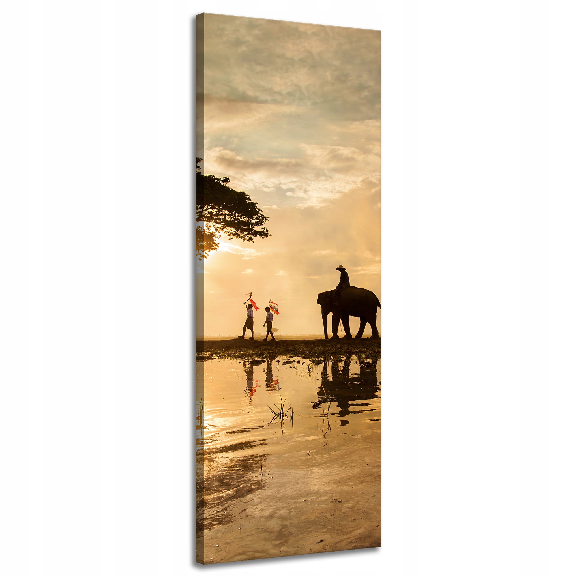 Obraz na plátně Lidé na slonech Západ slunce Afrika Savana 40x120 cm