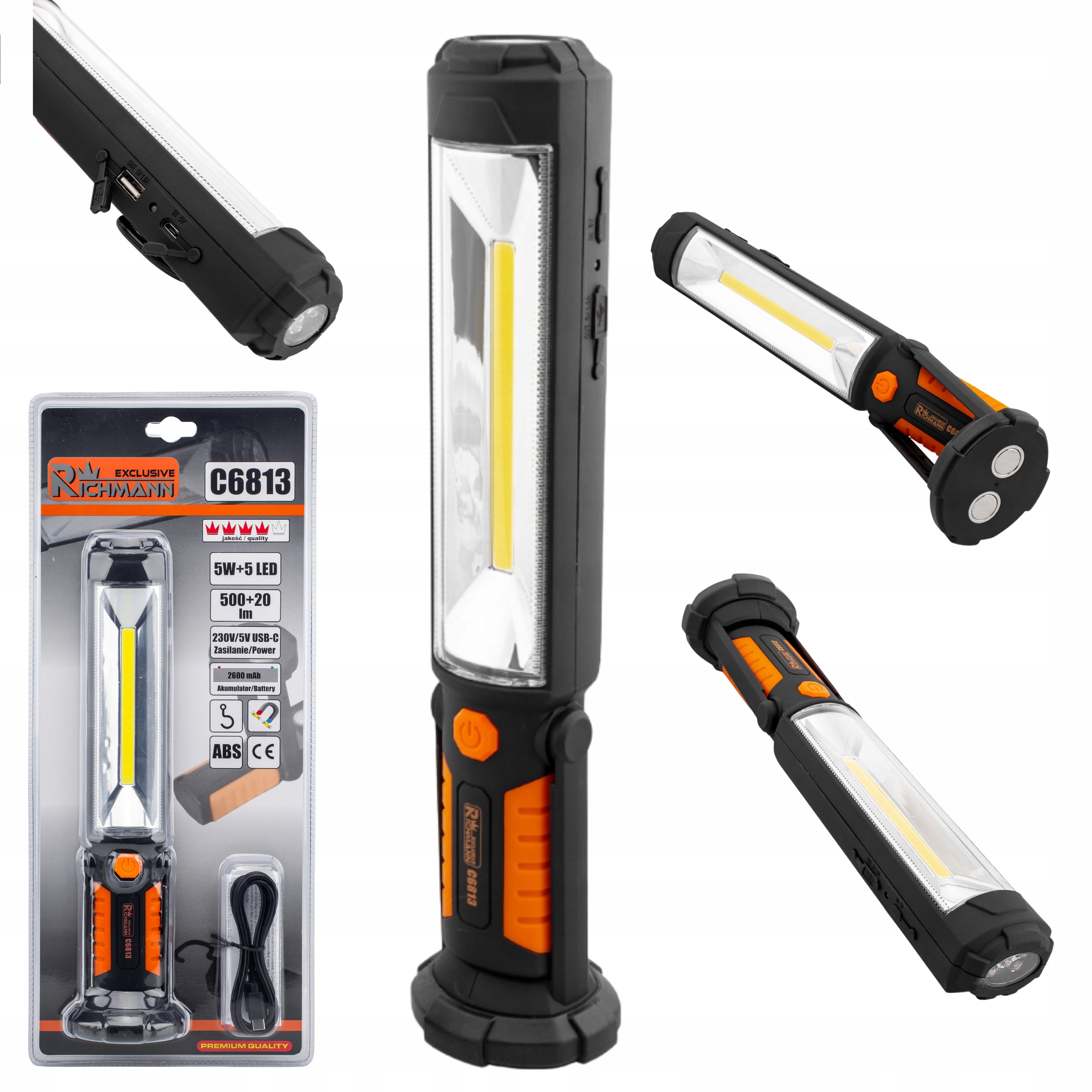 Latarka Lampa Warsztatowa Długa 5W+5 Led Uchylna Magnetyczna Akumulatorowa