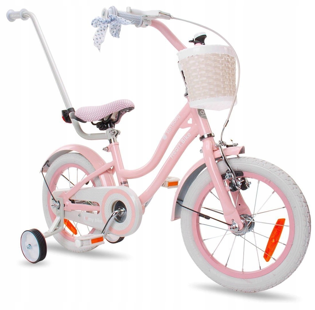 Rower 14 cali dla dziewczynki dziecięcy Prowadnik Koszyk Kółka boczne róż