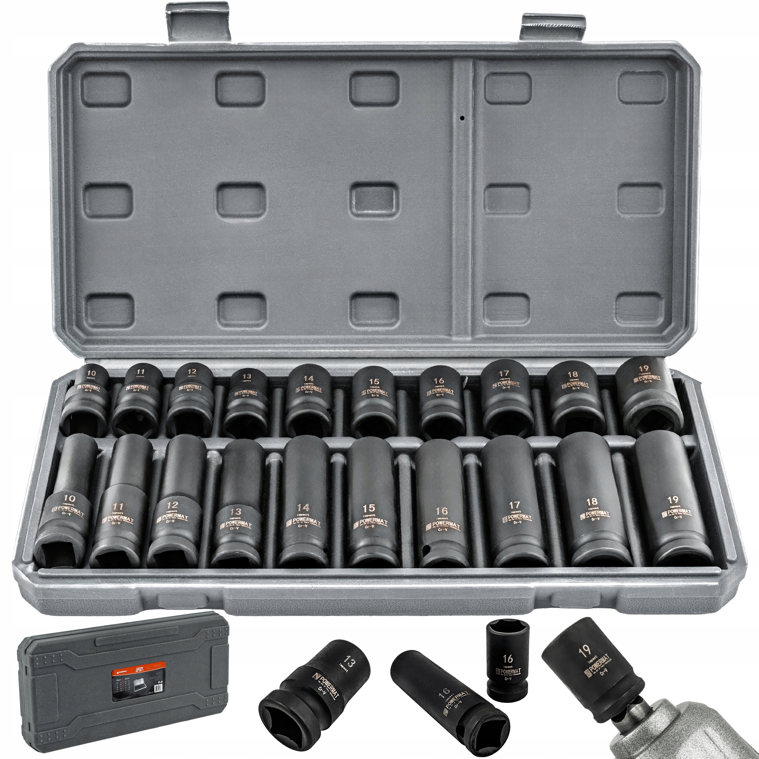 Nasadki Udarowe Hex 1/2 Cr-v 20SZT 38MM 78MM Do Klucza Udar Walizka Zestaw