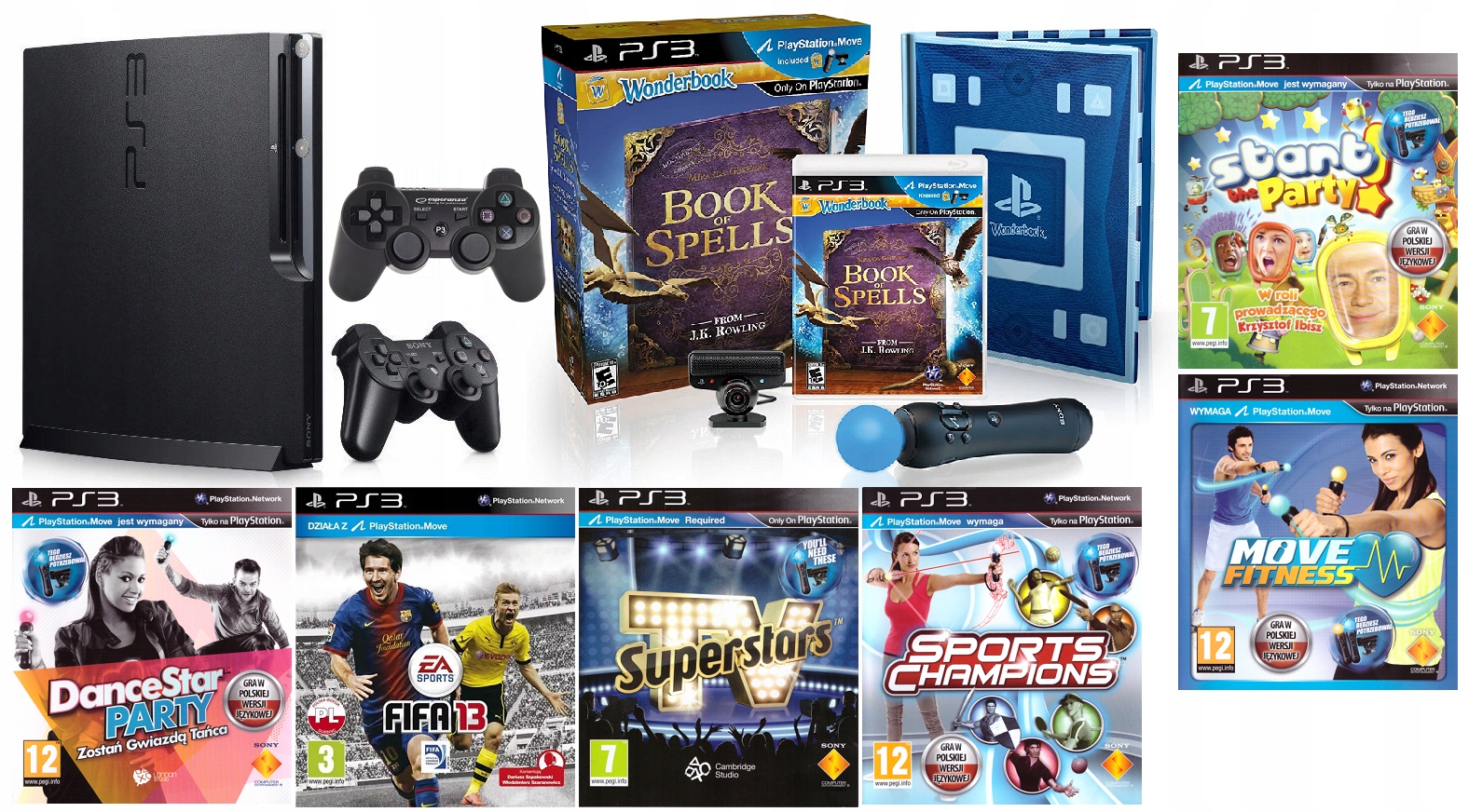 KONSOLA SONY PS3 SLIM + MOVE + GRY + PADY ZESTAW