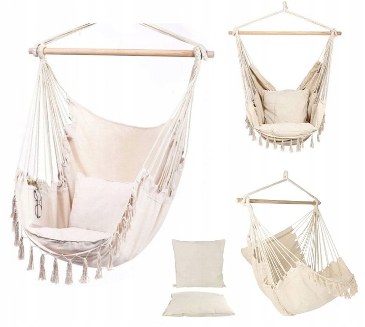 Wiszący fotel Brazylijski w stylu Boho 100x130cm do 150KG dwie poduszki