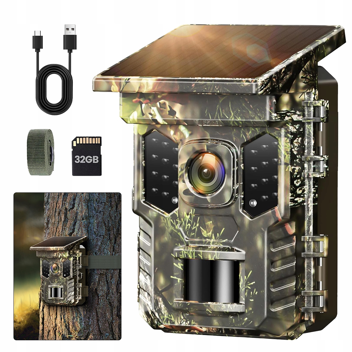 Fotopułapka Kamera Leśna Myśliwska Ir 2.7K 32MP z Panelem Solarnym