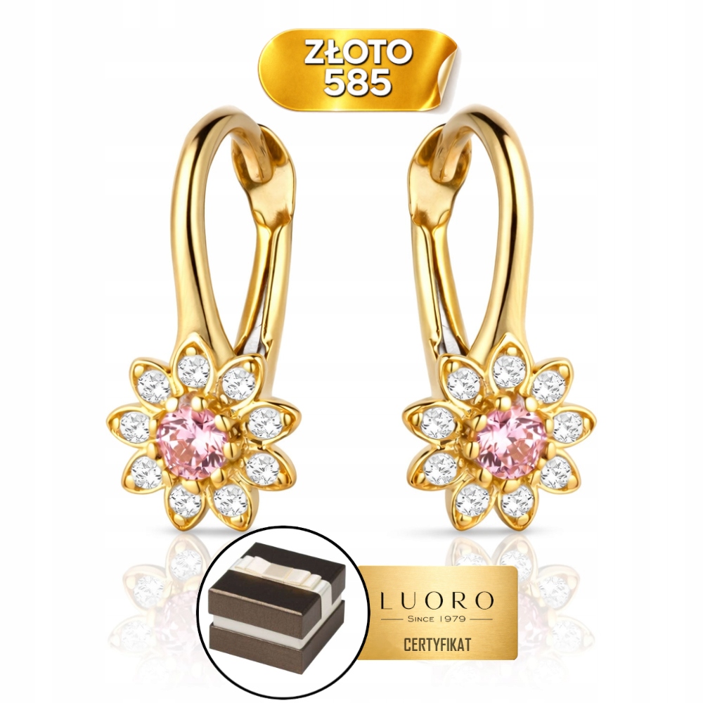 Náušnice Zlaté 585 14K Květina Zirkon Růžová Bílé Kameny 13 MM