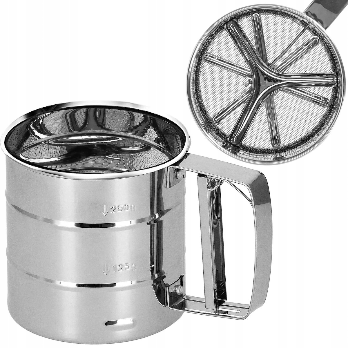 PRZESIEWACZ DO MĄKI CUKRU PUDRU KUBEK CEDZAK SITKO STALOWE KUCHENNY SITO Marka Springos