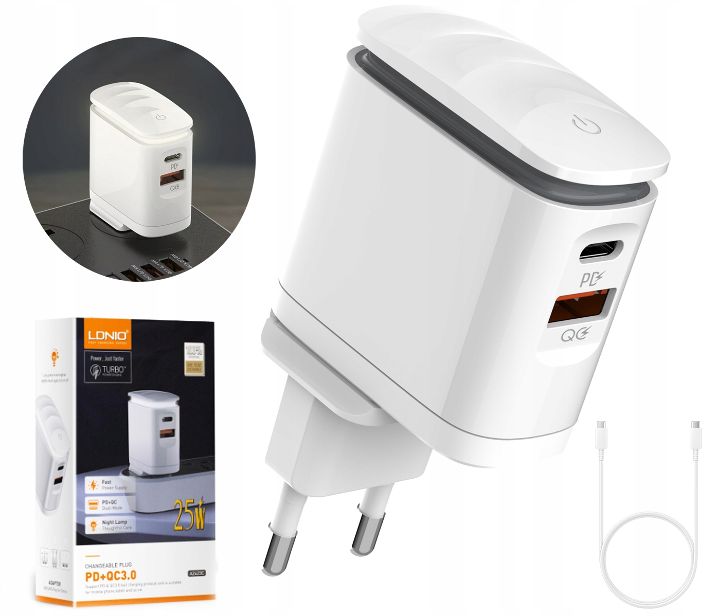 Szybka Ładowarka USB Zasilacz Lampka LED QC PD 25W