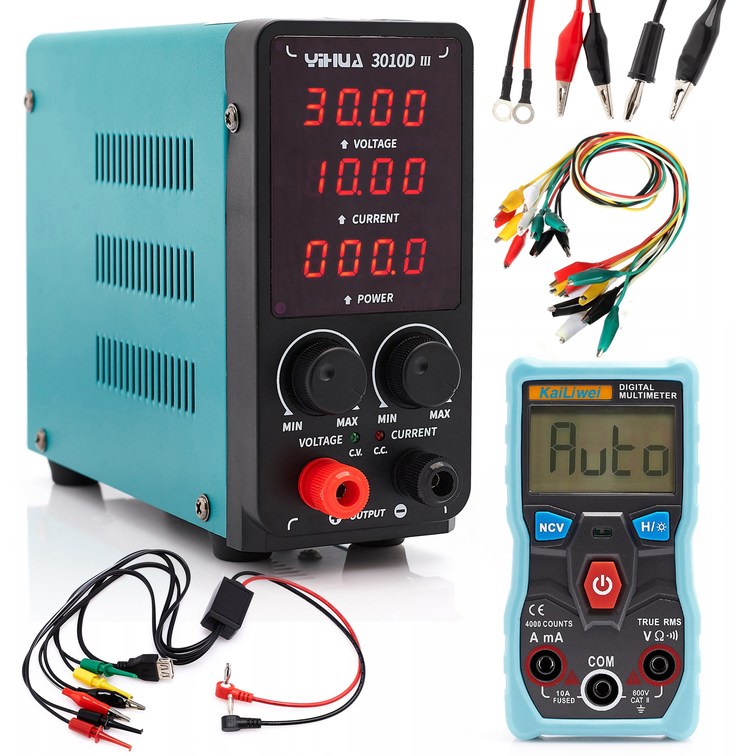 Laboratorní Napájecí Zdroj Yihua 3010D-III 30V 10A Multimetr Krokosvorky Sada