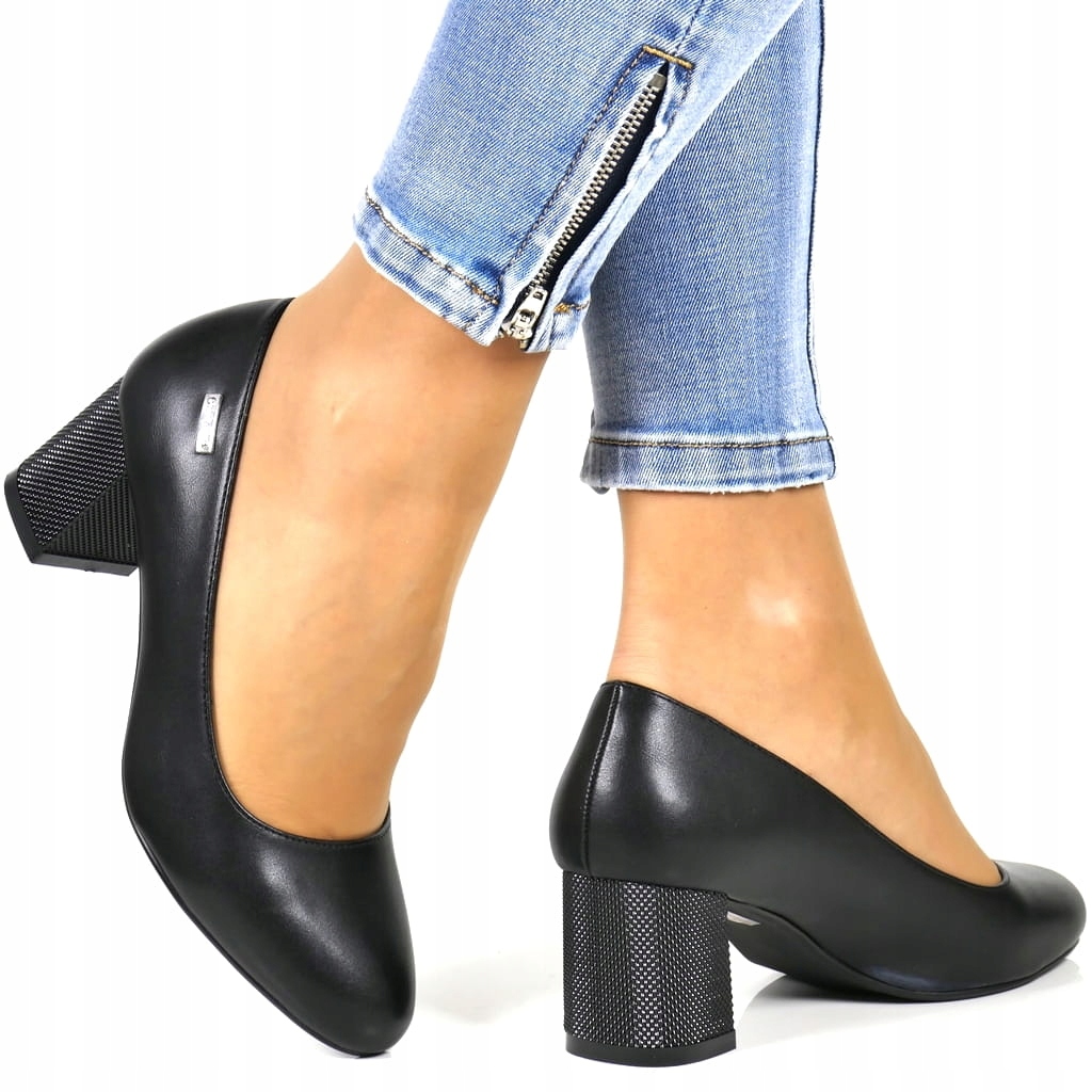 DAMSKIE CZÓŁENKA BUTY NA SŁUPKU CZARNE MATOWE OZDOBNY OBCAS Rozmiar 37