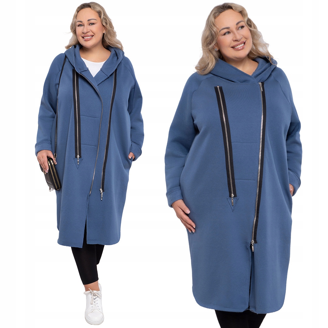 Modrá dlouhá teplá mikina s kapucí plus velikost 52/54