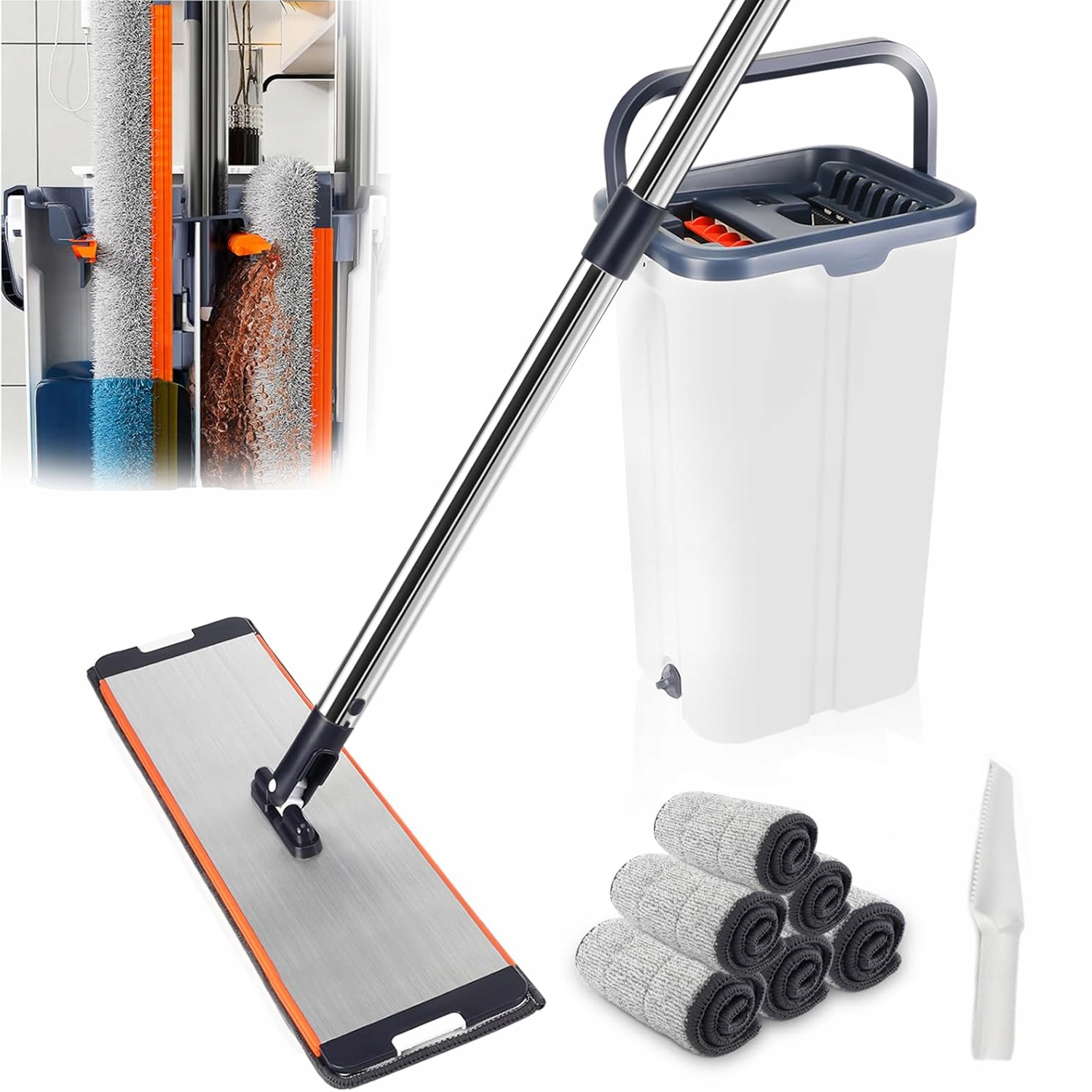 Levně Plochý Mop S Dvoukomorovým Kbelíkem, 6 Utěrek Z Mikrovlákna, 132 X 11 X 40 CM