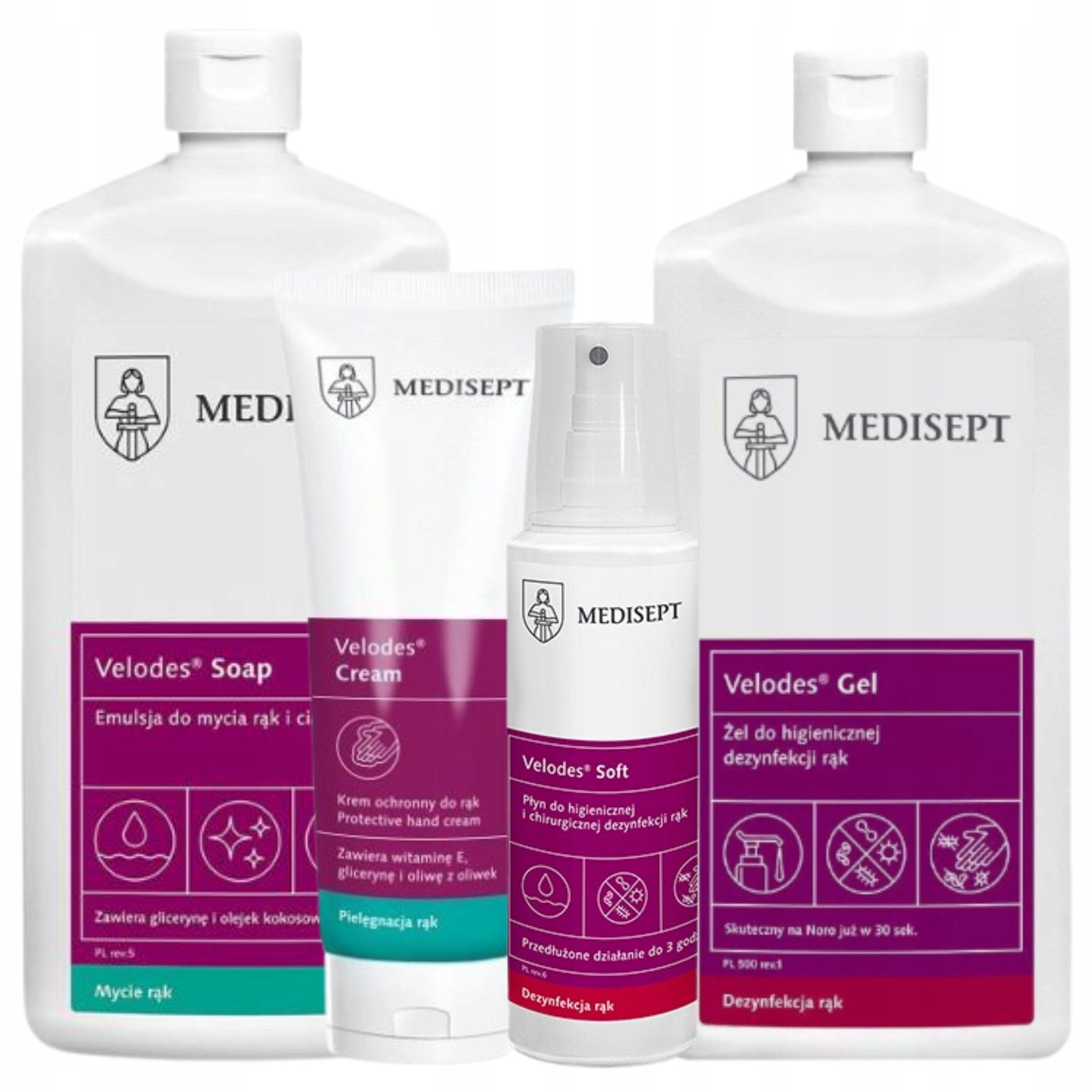 Zestaw Medisept Do Pielęgnacji Dłoni Emulsja Krem Spray Żel Velodes