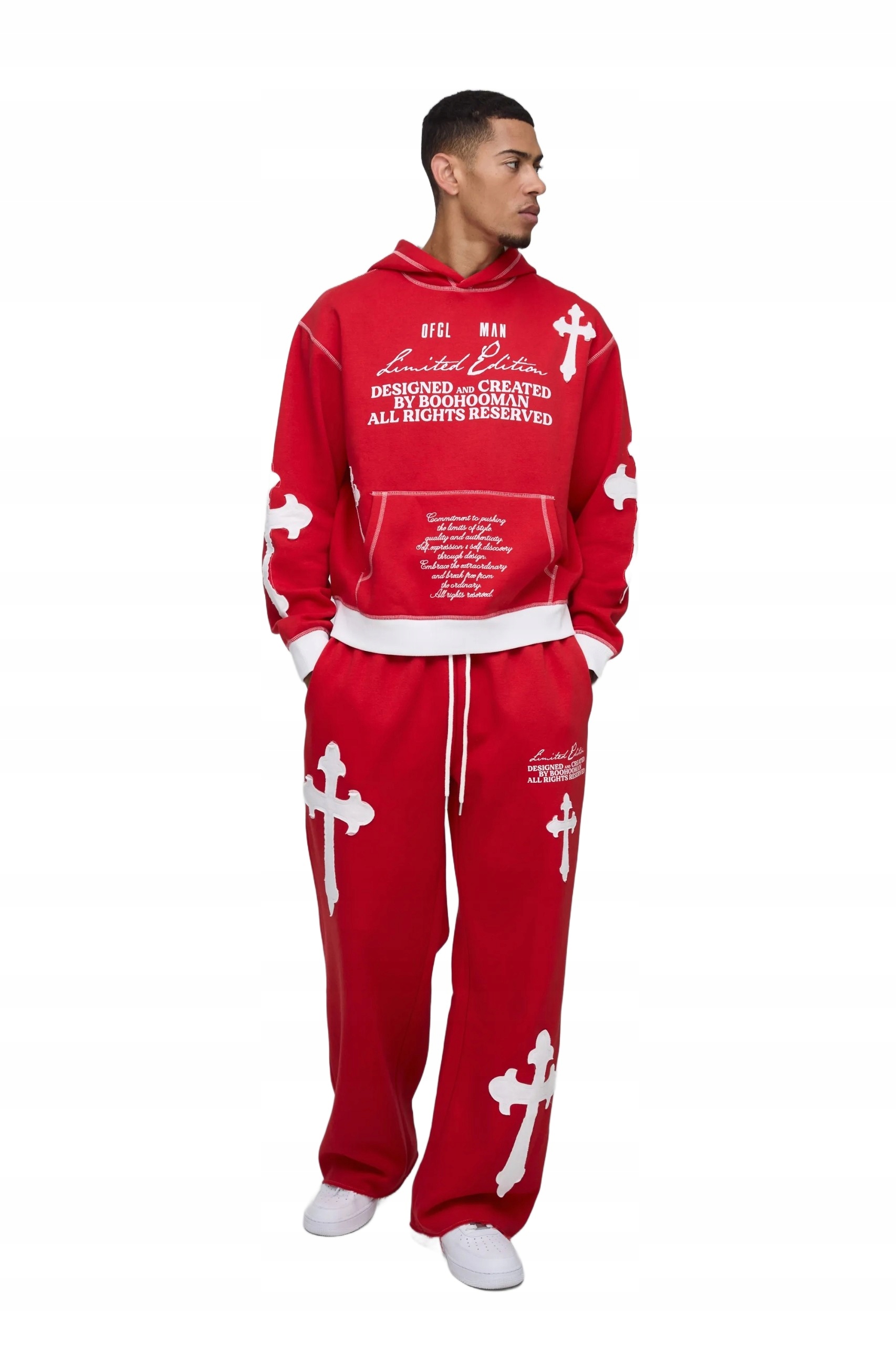 Boohooman Pánský Tepláková Souprava Červený S Potiskem Kříže L Z3A