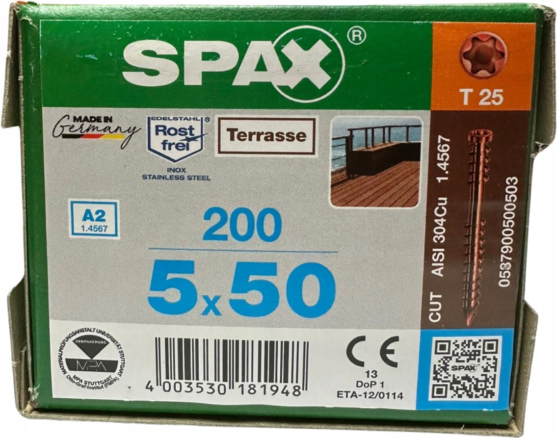 SPAX WKRĘTY DO DESKI TARASOWEJ 5X50MM TX A2 200SZT Rodzaj wkręt