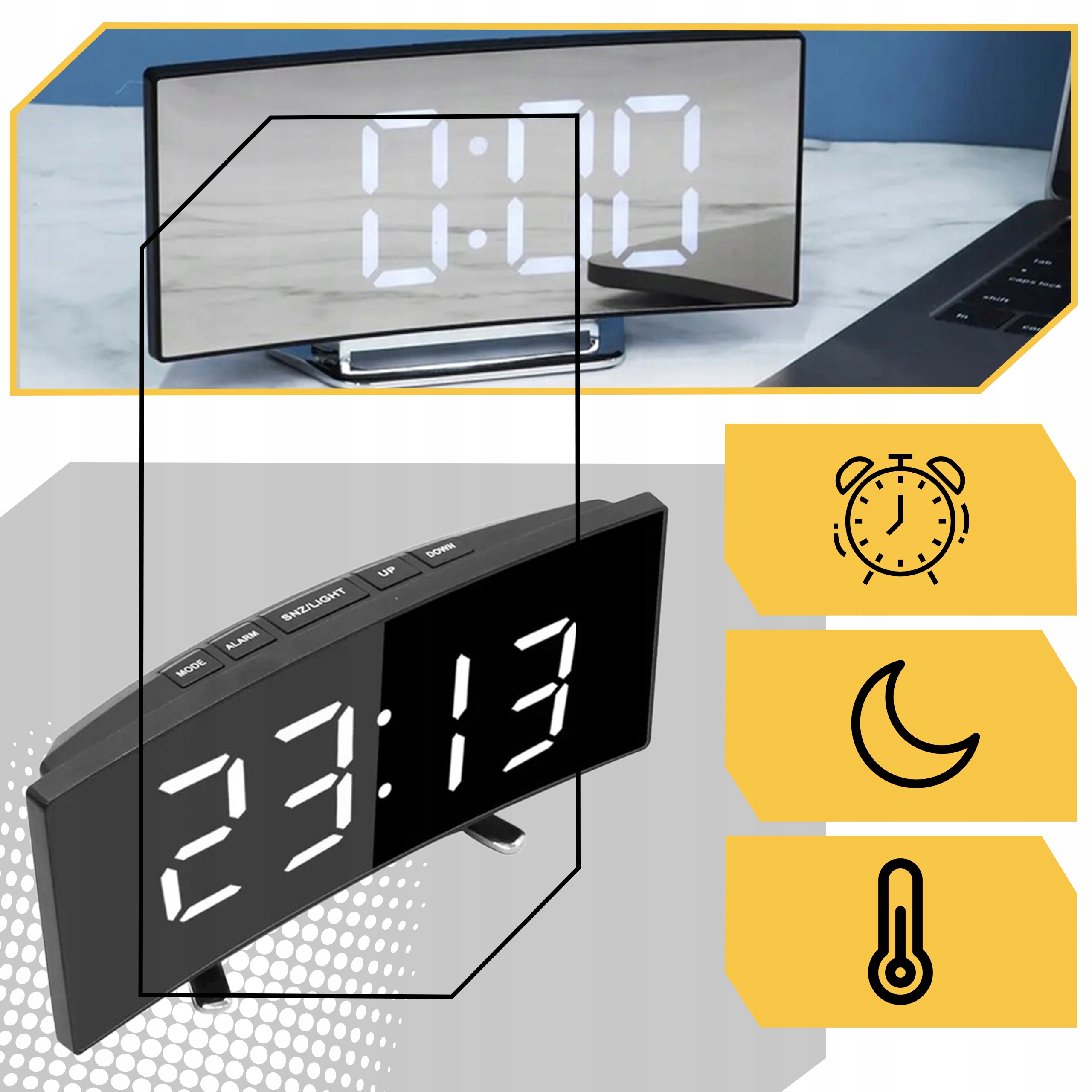 MODERN DIGITÁLIS ÓRA ELEKTRONIKUS ÁLLÓ ÉBRESZTŐÓRA LED TÜKÖR Márka Lewer