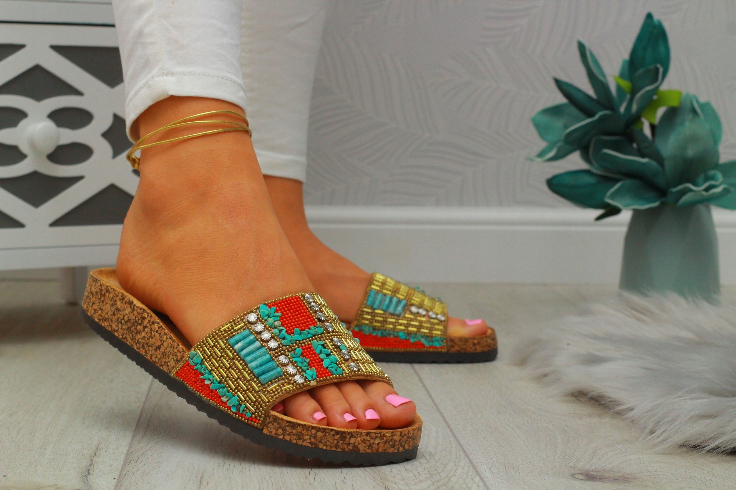 KLAPKI DAMSKIE NA KORKU STYLOWE PROFILOWANE Wzór dominujący inny wzór