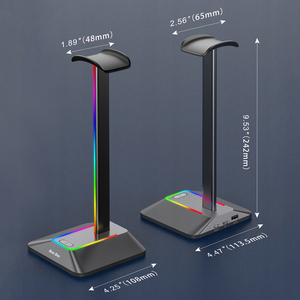 STOJAK STATYW NA SŁUCHAWKI GAMINGOWY NEW BEE PODŚWIETLENIE RGB LED USB HUB Kod producenta Stojak na słuchawki na biurko LED USB C USB