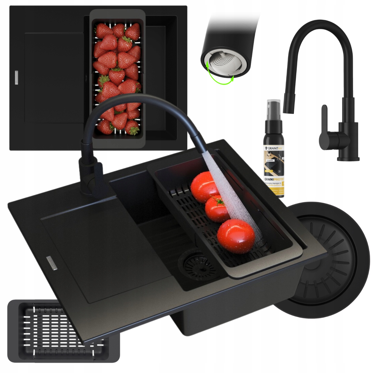 Granitový dřez černý jednokomorový Pravý Bello Sada Dřez baterie