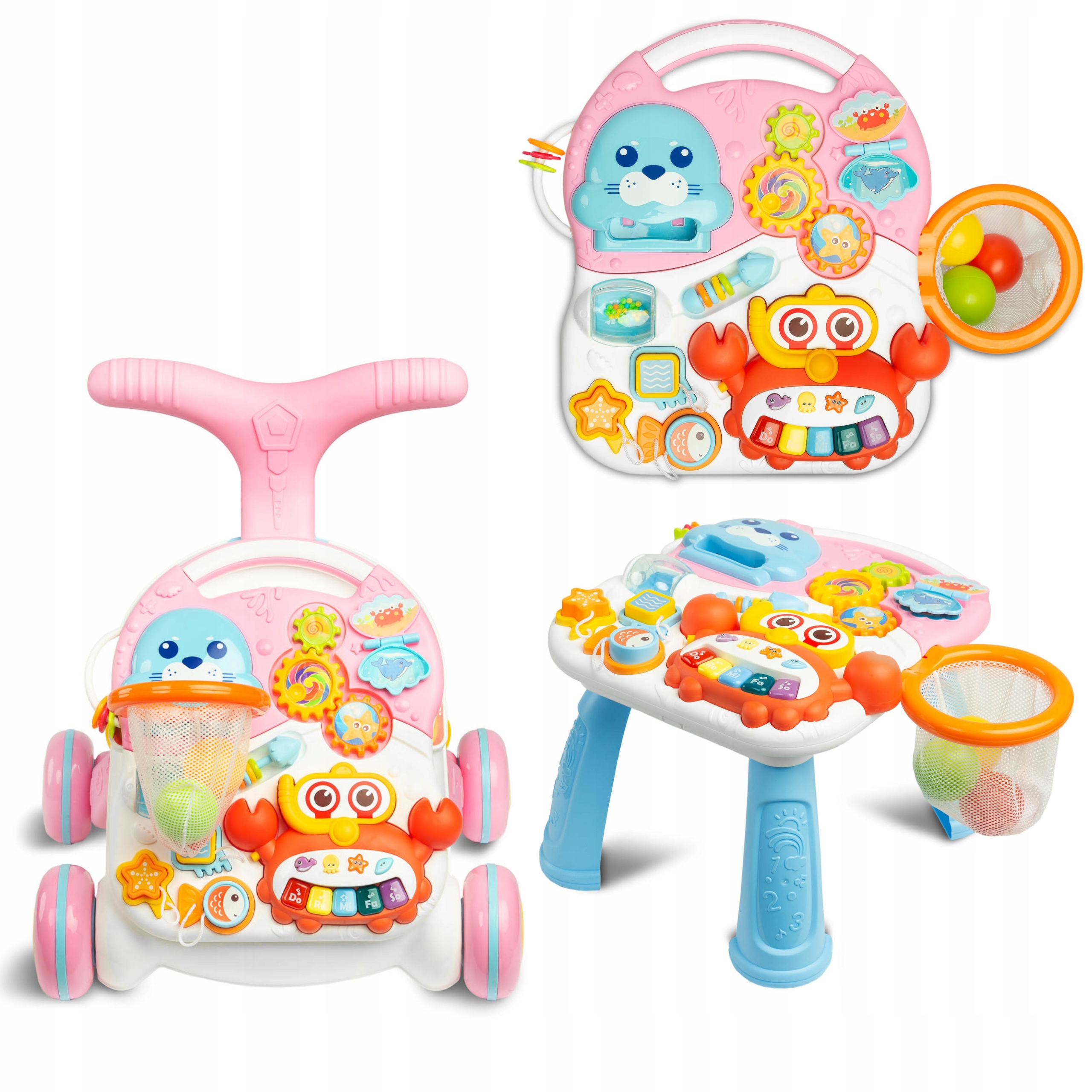 Interaktywny Pchacz Chodzik Stolik Edukacyjny 3w1 Pianinko Toyz Spark Pink