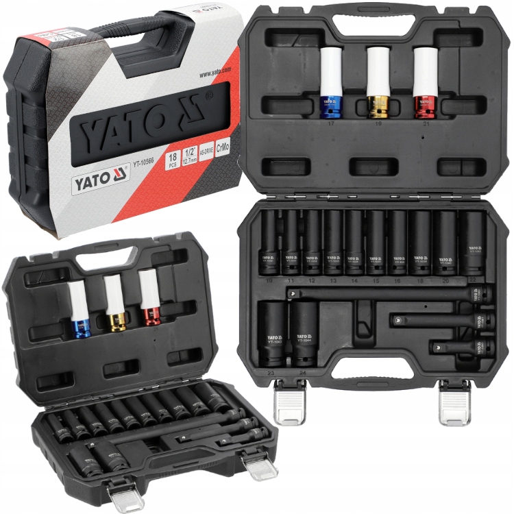 Yato Nasadki Udarowe Do Kół Długie 1/2" 10-24MM 18EL. Zestaw Nasadek
