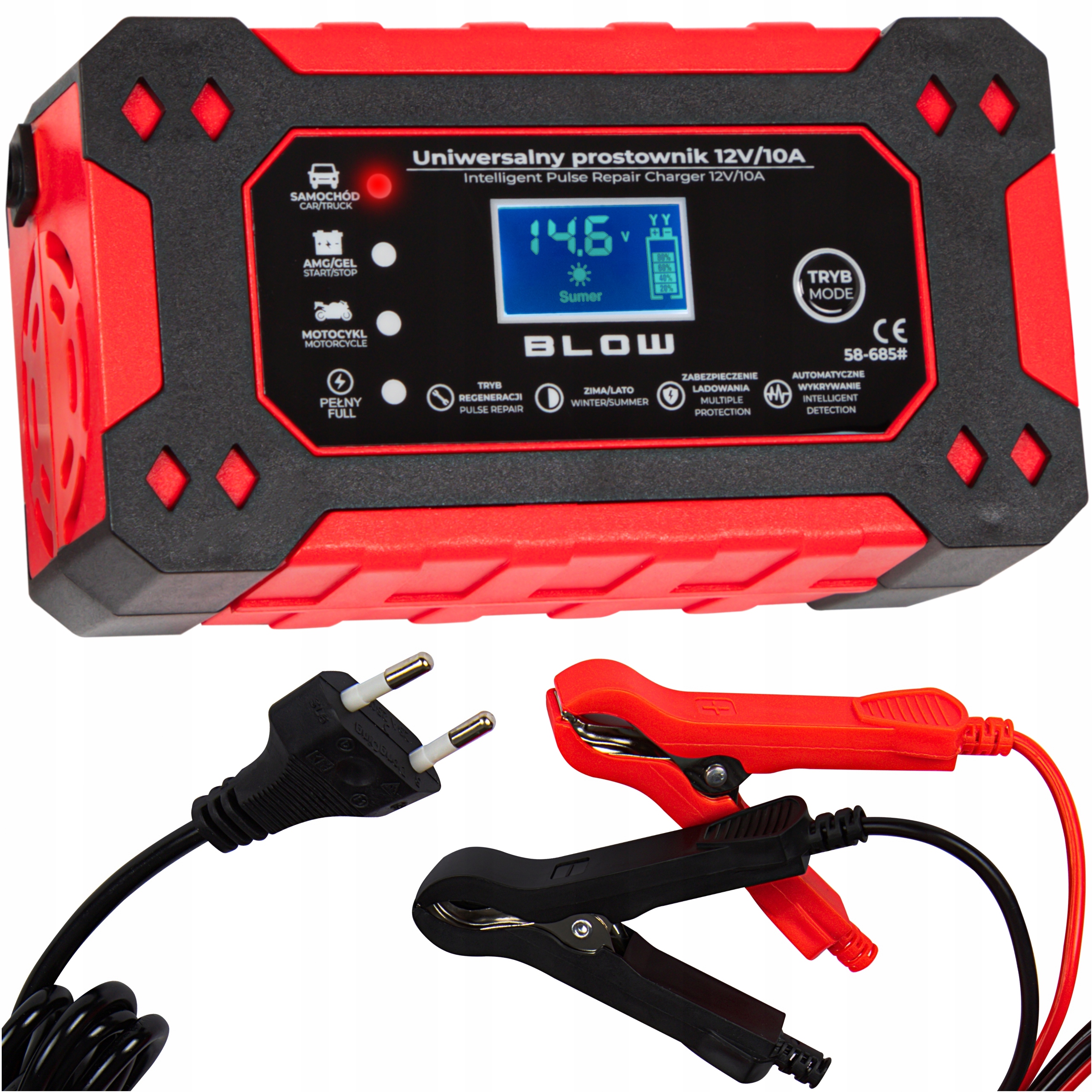 Prostownik Do Akumulatorów Samochodowy LCD 12V 10A Funkcja Naprawy Automat
