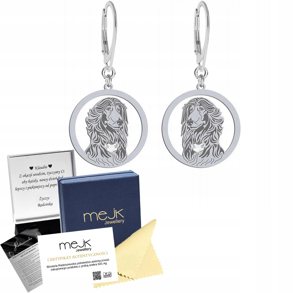 Stříbrné Náušnice z Afghan Hound 925 Šperky Bigiel Žena Gravírování Bonus